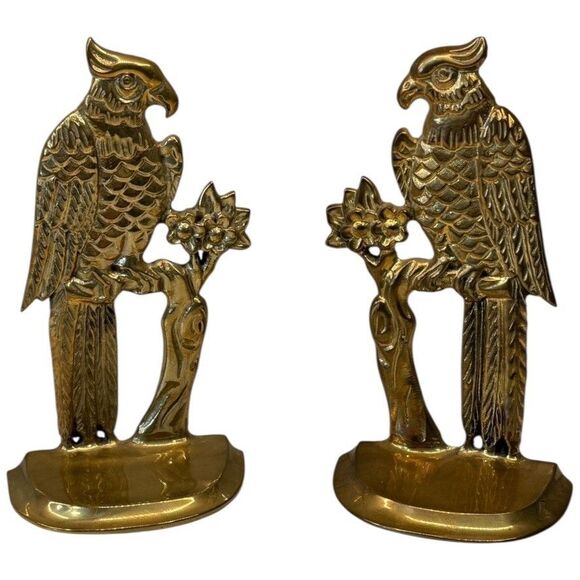 Vtg Andrea by Sadek Brass Parrot Bird Bookends 1980s Mid Century Pair - Picture 1 of 16